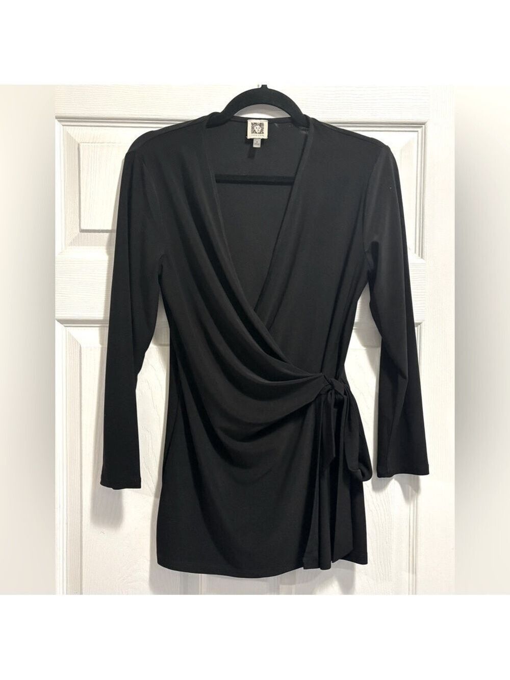 Anne Klein Black Long Sleeve Wrap Blouse Tunic Top Lightweight Flowy Size Small